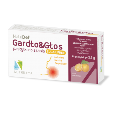 NutriDef Gardło Głos Bez Cukru o smaku pomarańczowym 20 pastylek Nutrileya - 8055728151611.jpg